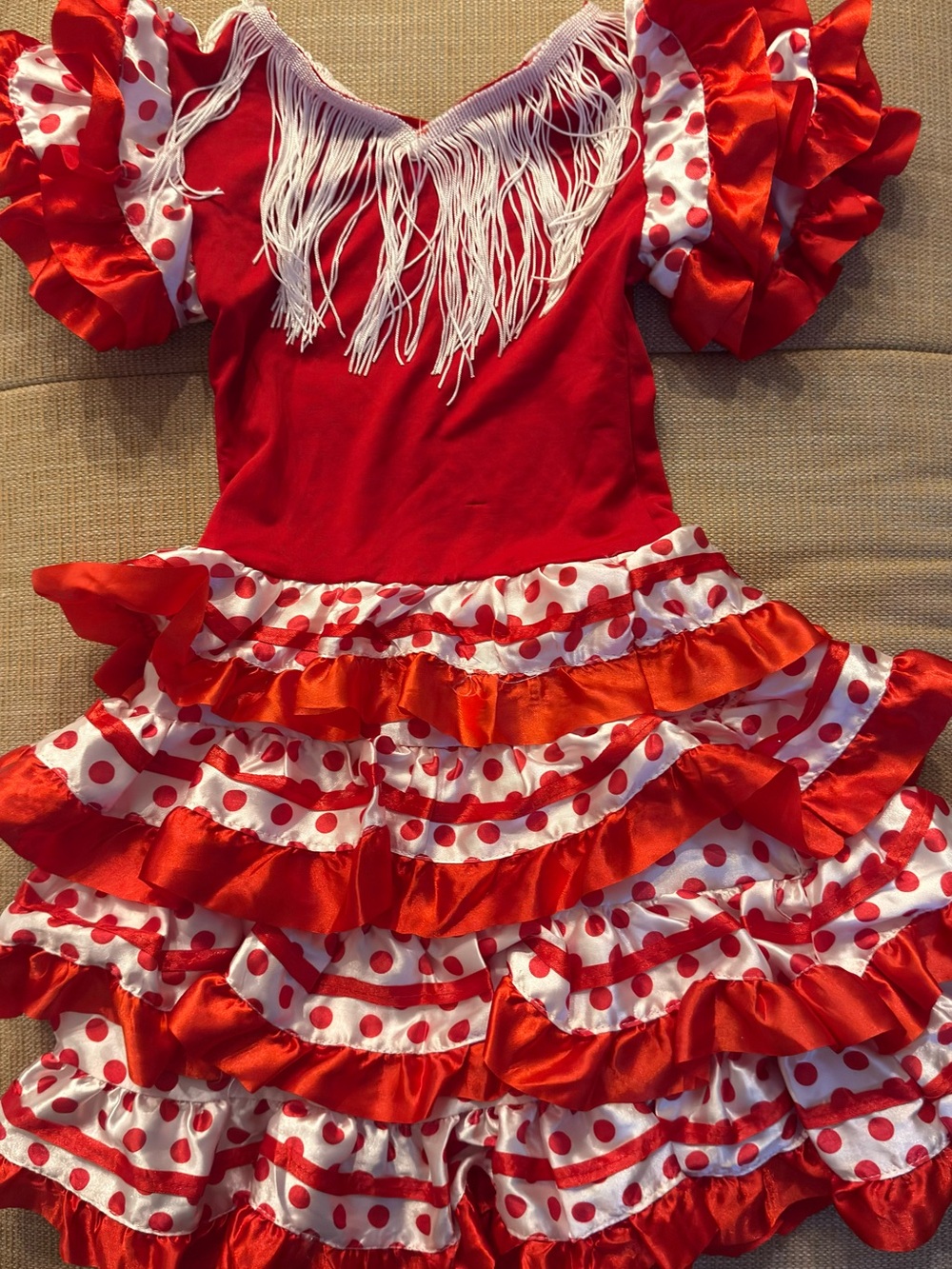 Kids Red Flamenco Polka Dot Dance Costume with White Fringe